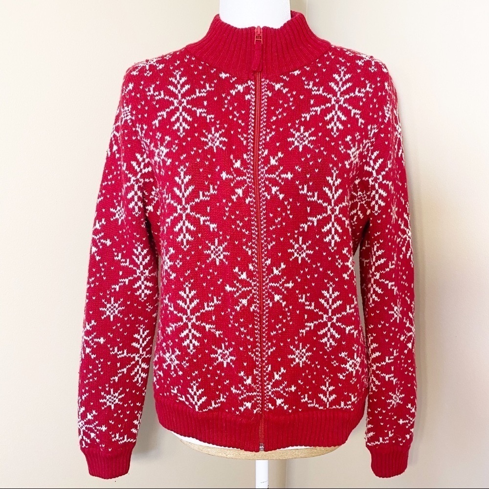 Valerie Stevens Snowflake Red/White Zip Cardigan-M